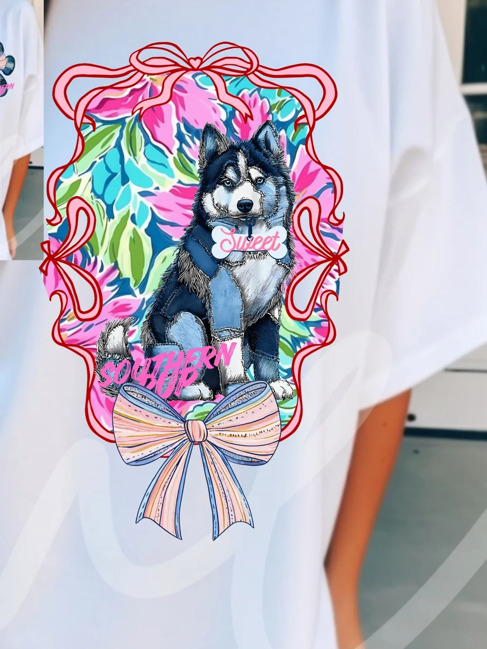 Gildan White Tee with Denim Patch Paw & Pastel Bow - Picture 13 of 16